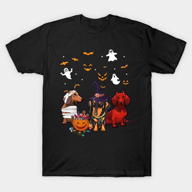 Funny Three Dachshund Halloween Gift Shirt T-Shirt by Bensonn